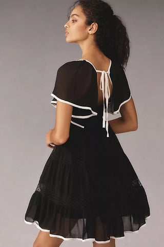 Maeve Flutter-Sleeve Square Neck Bow Babydoll Mini Dress Black White Women's XS