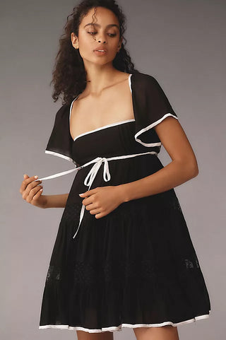 Maeve Flutter-Sleeve Square Neck Bow Babydoll Mini Dress Black White Women's XS