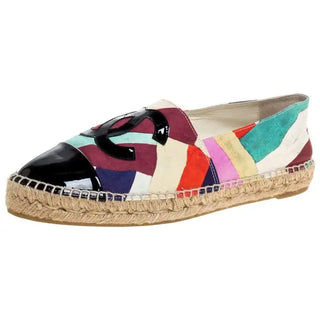 Chanel Multicolor Stripe Crepe CC Patent Cap Toe Espadrille Flats Multi Women 38
