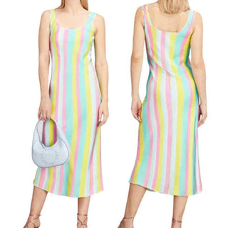 Kerri Rosenthal Ali Beach Stripes Sleeveless Scoop Neck Slip Midi Dress Multi L