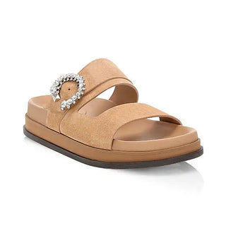 Jimmy Choo Marga Crystal-Embellished Suede Flat Slides Sandals Brown Size 10