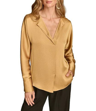 NWT DKNY Hammered Satin V-Neck Long Sleeve Popover Blouse Gold Women's Size XS