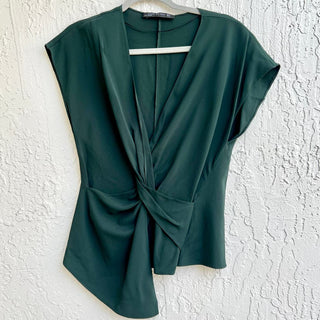 Zara Short Sleeve Twist Knot Asymmetrical Hem Top Blouse Green Women's Small