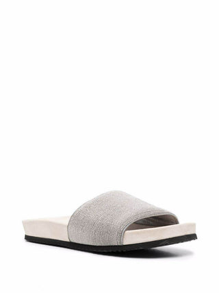 Brunello Cucinelli Anatomical Suede Embellished Slides Sandals Silver Tan EU 40