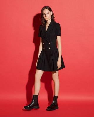 Sandro Rossa Tweed Double Breasted Pleated Mini Dress Black Size 36 FR / 4 US