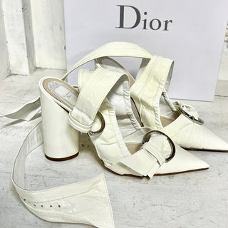 Christian Dior Conquest Patent Calfskin Pointed Toe Pumps White Women's 38 / 7.5