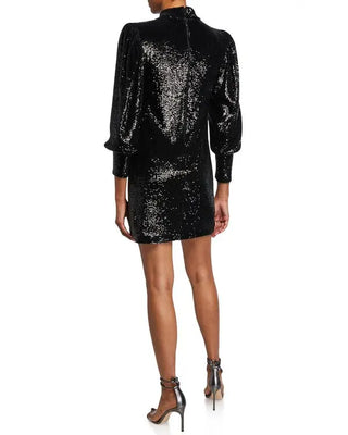 A.L.C. Christy Sequin Mock-Neck Blouson-Sleeve Mini Dress Black Women's Size 4