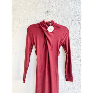 NWT Camila Coelho Crisscross Mock Neck Satin Telma Maxi Dress Burgundy Women XS