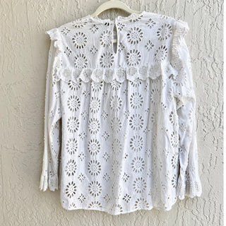 Zara Long Sleeve Eyelet Embroidered Semi Sheer Top Blouse White Women's Size XL