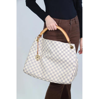 Louis Vuitton Damier Azur Artsy MM Canvas/Leather Shoulder Handbag White/Gray