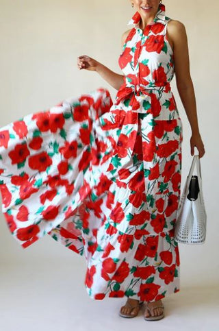 Cara Cara Adriana Floral Button Front Tie Waist Maxi Dress Pop/Tom Womens Size 2