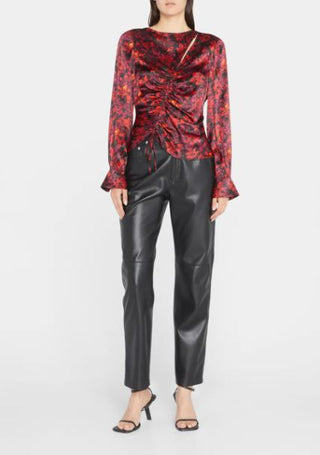 Cinq A Sept Satin Ezrah Keyhole Floral-Print Ruched Silk Blouse Red Womens Sze S