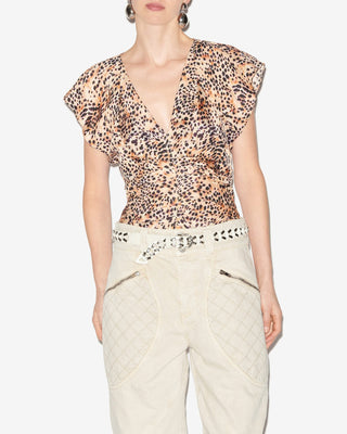 Isabel Marant Lonea Animal Print Flutter Sleeve V-Neck Blouse Natural Women 38/M