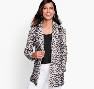 NWT Johnston & Murphy Animal-Print Faux-Suede Open Blazer Ivory Multi Womens L