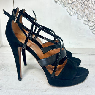 Gucci Suede Leather Trim T-Strap Stiletto Strappy Platform Sandal Black 38 / 7.5