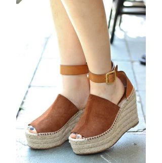 Chloe Suede and Leather Ankle Strap Espadrille Wedge Sandals Brown Women's EU 35