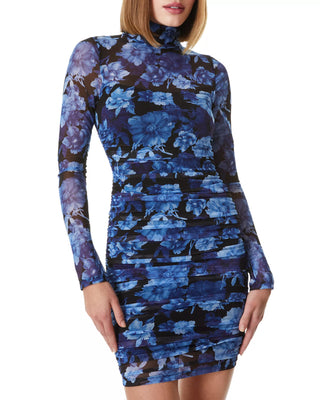 Alice+Olivia Delora Turtleneck Ruched Mesh Bodycon Dress Dream Floral Royalty 4