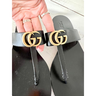 Gucci Leather Embellished Double G GG Slip On Thong Flat Sandals Black Women 39