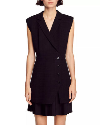 Sandro Alexandrie Tweed Sleeveless Layered Wrap Mini Dress Black Women's Large