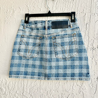 $380 NWT AMI Paris Gingham High Waisted Jacquard Denim Mini Skirt Blue 26 / 2