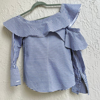 Self-Portrait 100% Cotton Ruffle Striped Frill Shirt Navy Blue Women's Size US 4