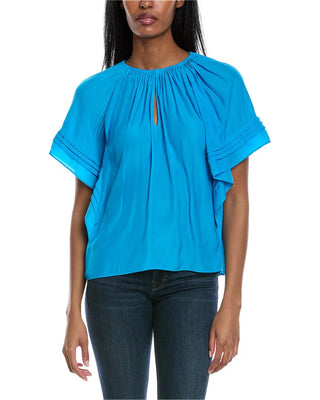 Ramy Brook Kylo Flutter Sleeve Round Neck Blouse Top Blue Women's Size Small
