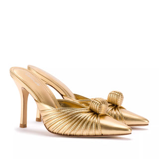 NWOT Larroude Valerie Metallic Leather Pointed Toe Mid-Heel Mules Gold Womens 10