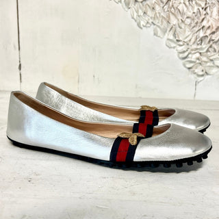 NWT Gucci Bayadere Bee Leather Slip On Ballerina Flat Shoes Silver Women's 38