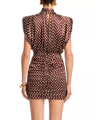 Ronny Kobo Polka Dot Mock Neck Pleated Bodycon Mini Dress Brown Women's Medium