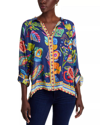 Johnny Was Audrey Farout Scarf Print Oversized Button-Down Shirt Blouse Blue XXL