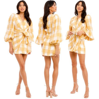 Acler Balloon Sleeve Sutherland Canary Check Wrap Mini Dress Yellow Women's US 2