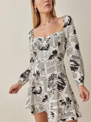 Reformation Mochi Climate Newsprint Mini Dress White Black Women's Size 4