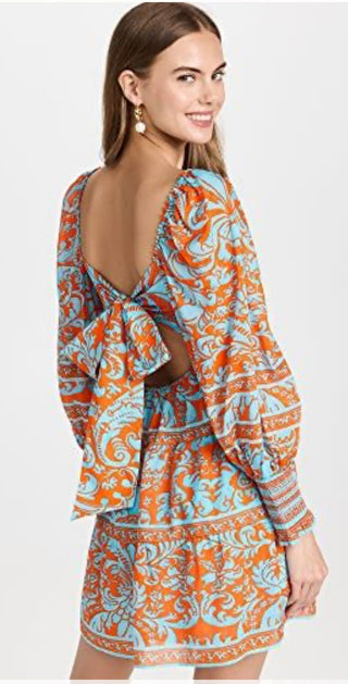 NWT Alice + Olivia Rowen Long Sleeve Babydoll Mini Dress Blue Orange Womens XL