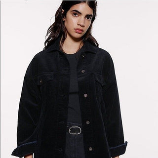 Zara Long Sleeve Raw Hem Oversized Corduroy Shacket Jacket Black Women's Size S