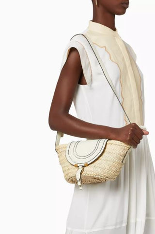 Chloe Marcie Leather Raffia & Grained Calfskin Basket Bag White Small
