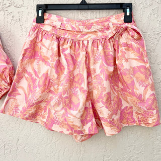 OLIVACEOUS Puff Sleeve Crop Top & Floral Wrap Belt Shorts Set Pink Women's Small