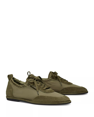 Tory Burch Nylon Suede Low Top Ballet Sneakers Army Green Women's Size US 5