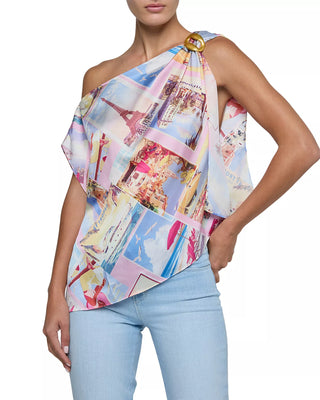 L'Agence Driselle Postcard Print Asymmetrical Scarf Top Multi Women's Size Small
