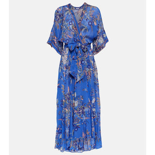 NWT Poupette St Barth A-Line Long Dress Adha Crep Blue Leo Forest Women's Large