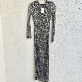 NWT Showpo. Back Split Nicky Sequin Mesh Maxi Dress Black Silver Women's US 2