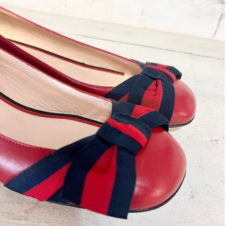 Gucci Leather Grosgrain Web Stripe Bow Slip On Ballet Flat Shoes Red Womens 37.5