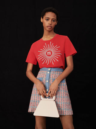 NWT Maje Embellished Rhinestone Sunburst Short Sleeve T-Shirt Rouge Womens 3 / L