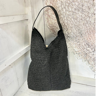 NWT Banana Republic Hand Crochet Slouchy Vida Straw Tote Bag Black Women's OS