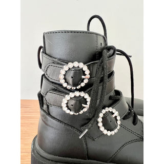 Zara Leather Embellished Rhinestone Chunky Ankle Boots Black Girls Kid's 32/13.5