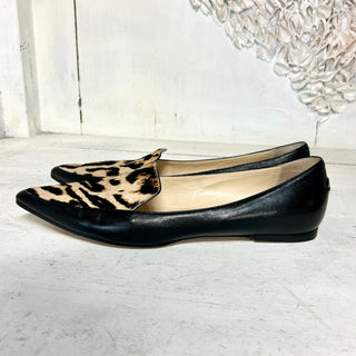 Jimmy Choo Calf Hair Leather Leopard Print Pointed Toe Flats Black Women 40 / 9