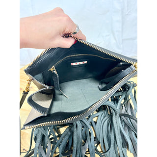 NWT Marni Fringe Black Leather Zip Crossbody Shoulder Oversize Clutch Bag