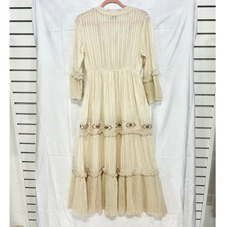 NJ Couture Embroidered Striped Tassel Tiered Ruffle Maxi Dress Cream Beige S / M