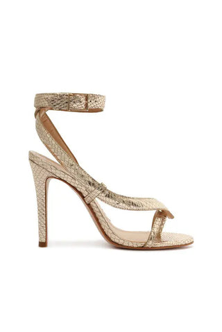 NWOT Schutz Courtney Metallic Embossed Leather Heeled Strappy Sandals Gold US 6
