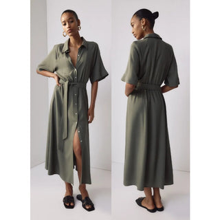 NWT H&M Short Sleeve Collared Tie-Belt Midi Shirt Dress Dark Khaki Green Women S