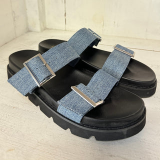 NWOT RAYE Clifton Slip On Denim Double Strap Slide Sandal Denim/Black Women's 8